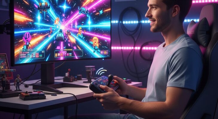 Pemain arcade games fokus di layar dengan kontroler, bermain online melalui Dewiku88 Login